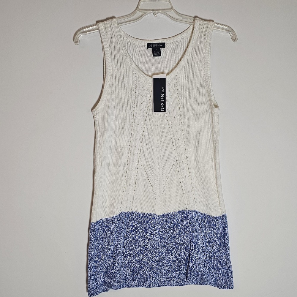 Design 365 Sweater Womens Large White Blue Knit Tank Top Sleeveless Pullover New